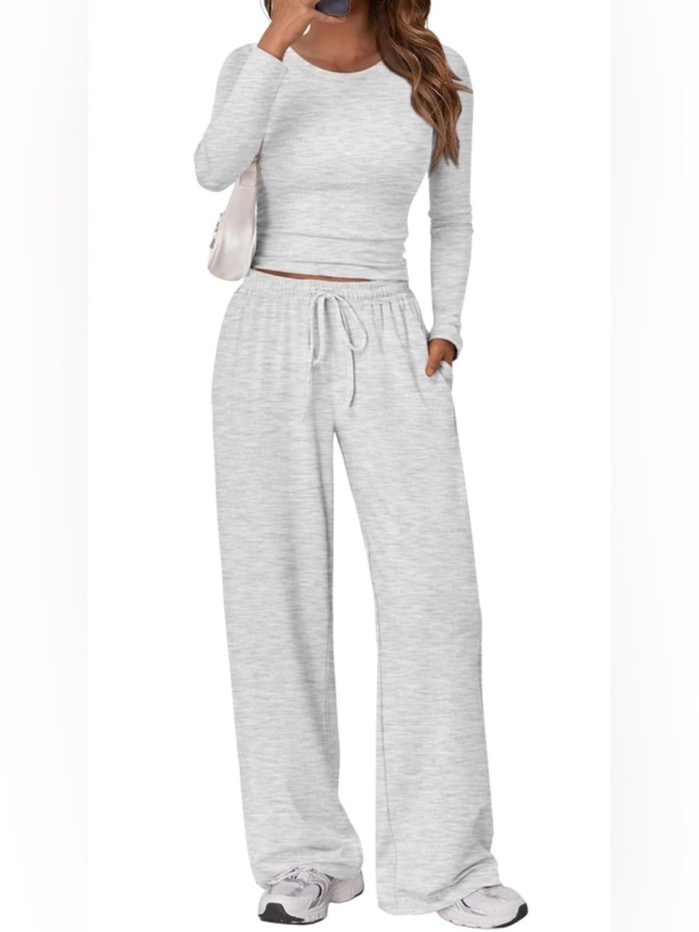 WIHOLL Lounge Sets Women 2 Piece Long Sleeve, Ruched Wide Leg Pants SMALL